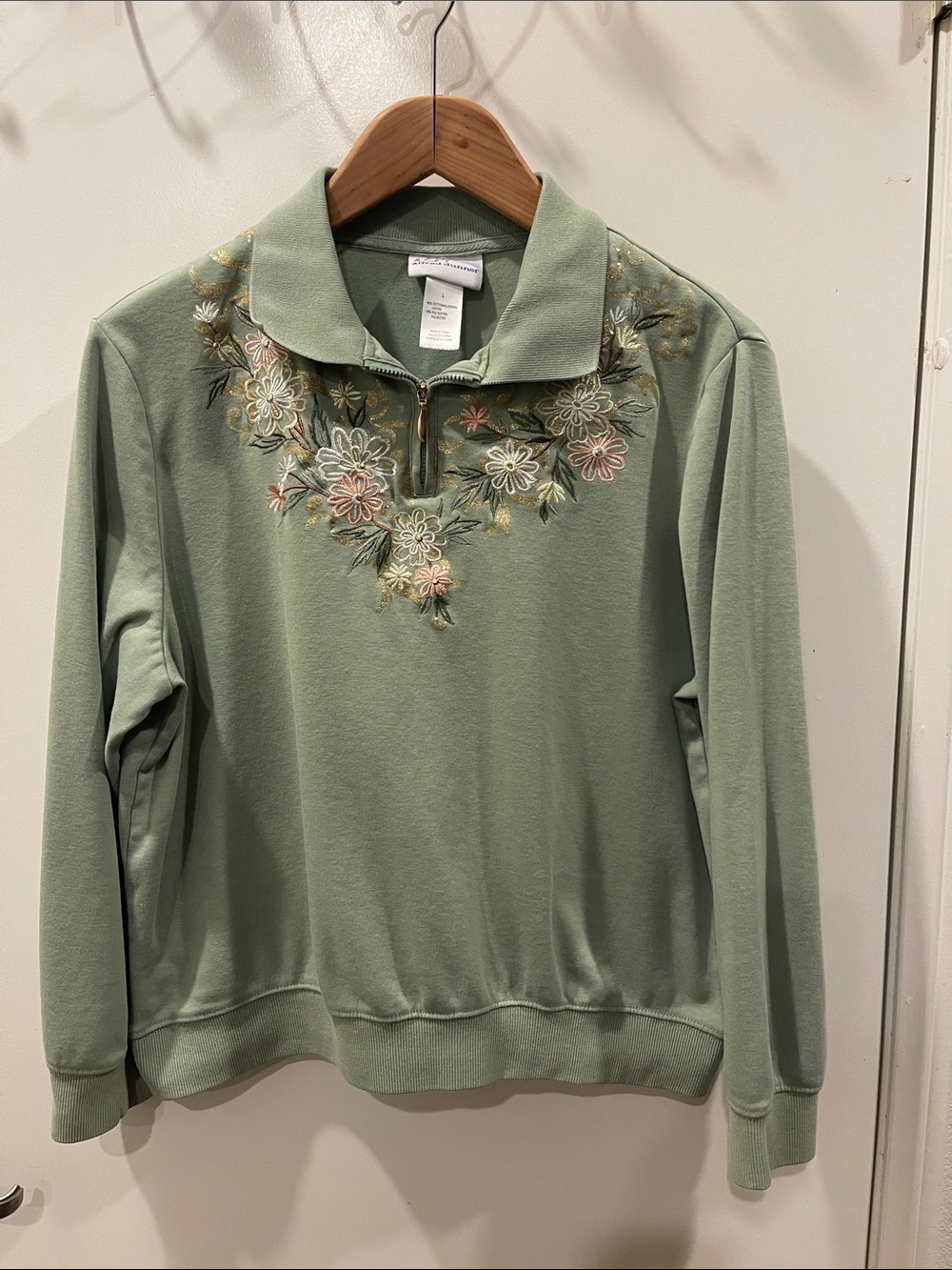 Alfred Dunner Sage Green Embroidered Floral Pullover